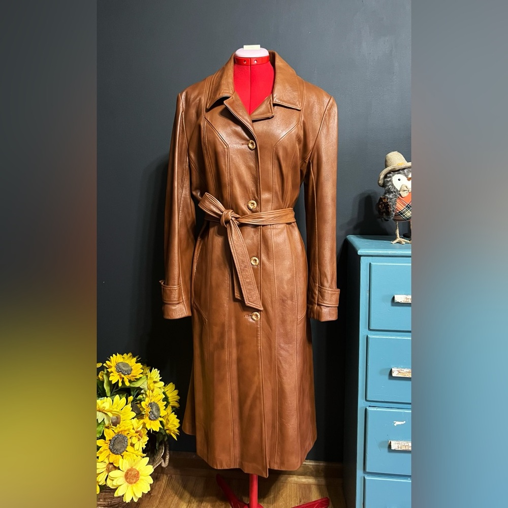 Elegant Tan Leather Belted Coat